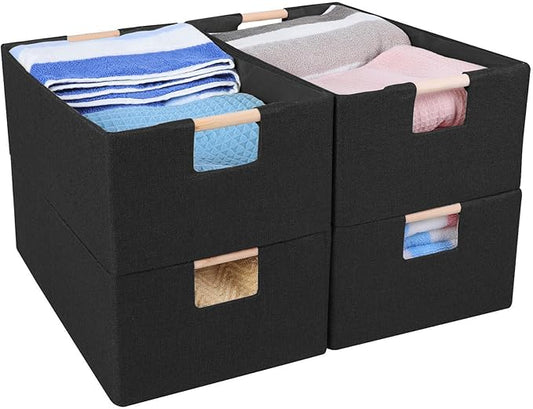 ANMINY 4PCS Storage Baskets for Organizing Collapsible Fabric Storage Bins Boxes with Wood Handles Closet Shelves Cube Organizer Bins Clothes Laundry Storage Container - Small, Black-NeatNest
