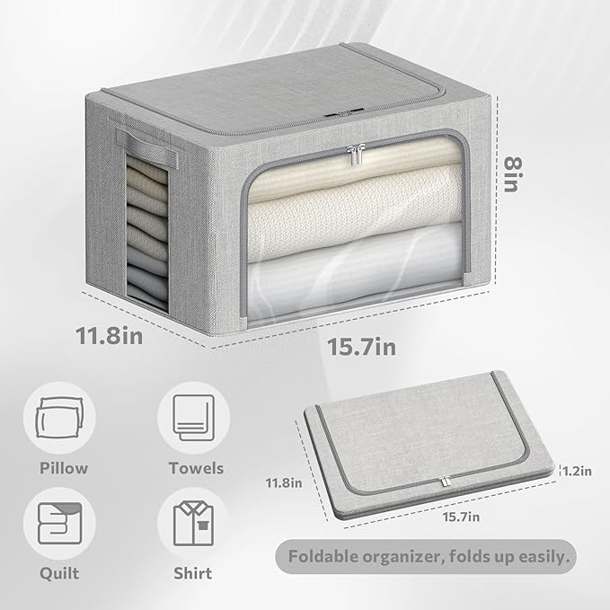 4 Pack Clothes Storage Bins with Metal Frame - Linen Fabric Foldable Stackable Container Organizer Set with Clear Window & Carry Handles & Zippers (Light Grey, 15.7"x11.8"x7.8")-NeatNest
