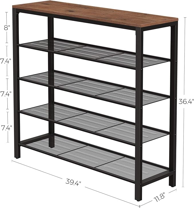 VASAGLE INDESTIC Shoe Rack, Shoe Organizer for Closet with 4 Mesh Shelves and Large Top for Bags, Entryway Hallway Shoe Shelf, Steel Frame, Industrial, Hazelnut Brown and Black ULBS015B03-NeatNest
