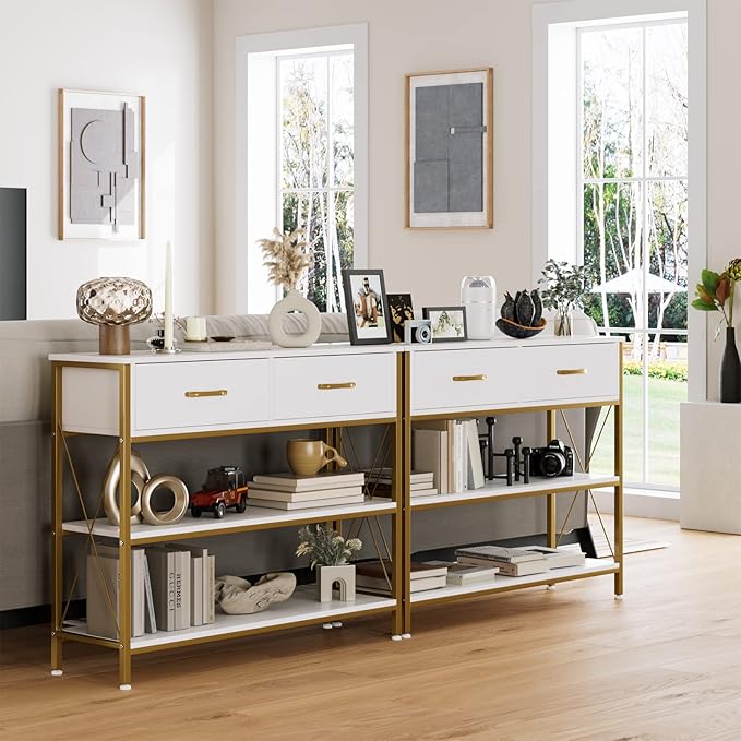 HITHOS Industrial Console Table with Drawers, Vintage Hallway Foyer Table with Storage Shelves, Narrow Long Sofa Entryway Table for Living Room, White/Gold-NeatNest