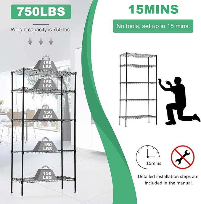 Metal Shelves 5-Tier Wire Shelving Unit 24" Lx 14" Wx 60" H Heavy Duty Storage Shelf Rack for Restaurant Garage Kitchen Laundry Pantry Storage Space-Saving, Black