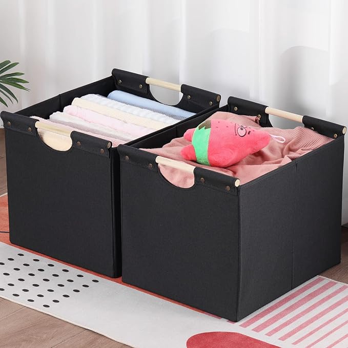 HOONEX Large Collapsible Storage Bins, Linen Fabric, Pack of 2, Storage Baskets with Wooden Carry Handles and Sturdy Heavy Cardboard, for Home, Office, Car, Nursery, Black