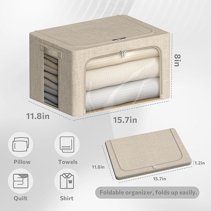 4 Pack Clothes Storage Bins with Metal Frame - Linen Fabric Foldable Stackable Container Organizer Set with Clear Window & Carry Handles & Zippers (Beige, 15.7"x11.8"x7.8")-NeatNest