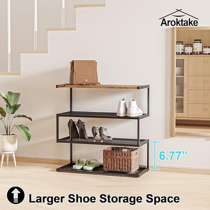 Shoe Rack, Unique 5-Shaped Free Standing Shoe Shelf, 4-Tier Wooden Shoe Organizer with Wooden Top and Steel Frame for Front Door Entrance, Entryway, Hallway, 24.41" D x 11.02" W x 23.23" H-NeatNest