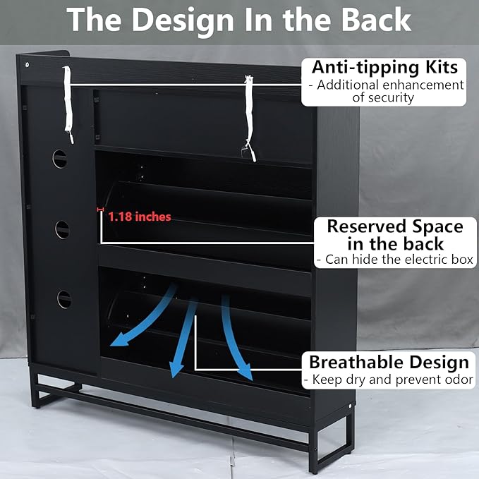 Free Standing Shoe Organizer with 2 Flip Drawers and Side Cabinet, Entryway Narrow Shoe Storage with Door for Hallway and Living Room (Black Plus)-NeatNest