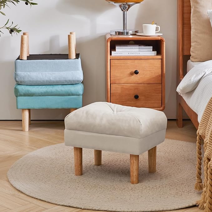 YMYNY 15.75" Small Footstool Ottoman, Footrest with Sponge Padded Seat, Step Stool for Sofa, Bedroom, Living Room, Entryway, Modern Change Shoes Stool, Wood Legs, Beige, UHBD023M