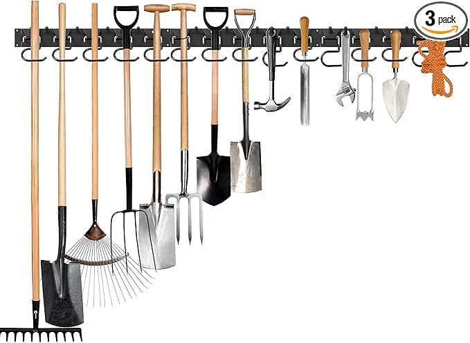 51 Inch Garden Tool Organizer Wall Mount with Non Slip Rubber Coated Metal Hooks, Storage Rack for Indoor/Outdoor Shovel, Rake, Mop and Broom Holder Wall Mount （ 15 Hooks+15 Holders-NeatNest