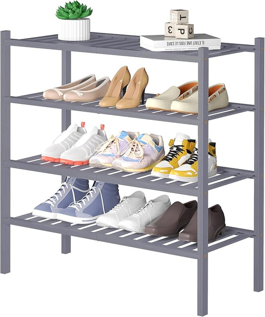 4 Tier Bamboo Shoe Rack for Closet Free Standing Wood Shoe Shelf for Entryway Small Space Stackable 27"x11"x26" (Grey)-NeatNest