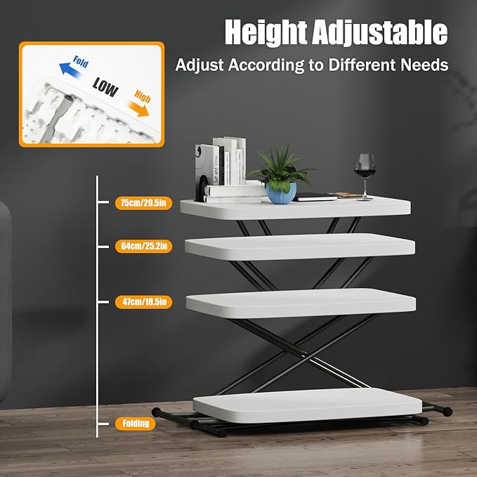 30" Square Folding Laptop Table,Small Computer Desk,Adjustable Folding Table Tray,Stable Snack Table for Small Space, Fit Indoor Dining/Place The Computer, White