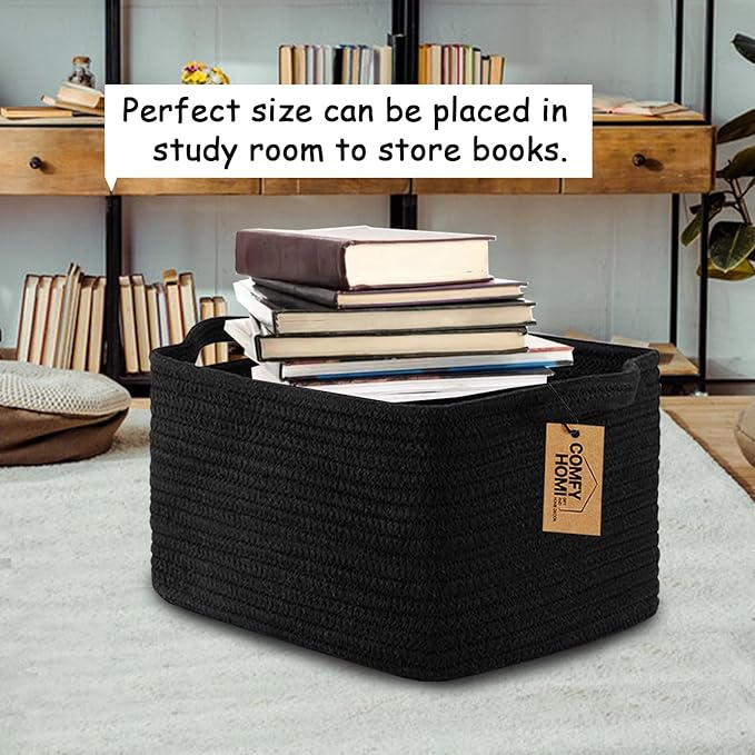 COMFY-HOMI Storage Basket for Shelves, Woven Baskets for Storage, Cotton Rope Basket,Toy Storage Organizer, Storage Cube Bin, Organization and Storage, Towel Baskets for Gift Empty, All Black-NeatNest