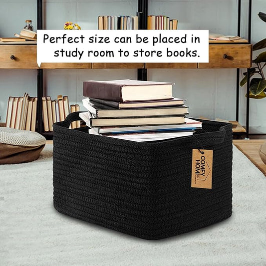 COMFY-HOMI Storage Basket for Shelves, Woven Baskets for Storage, Cotton Rope Basket,Toy Storage Organizer, Storage Cube Bin, Organization and Storage, Towel Baskets for Gift Empty, All Black-NeatNest