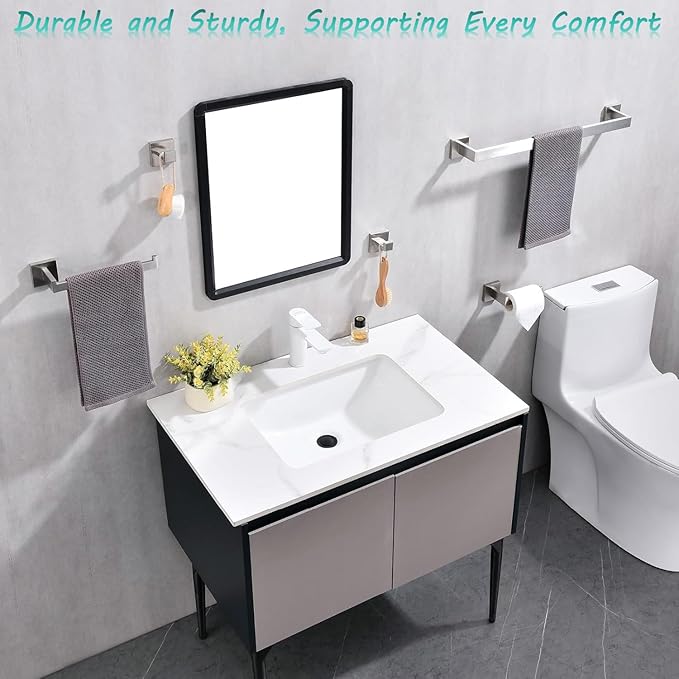 10-Pieces Towel Bar Set Brushed Nickel Bathroom Hardware Set SUS304 Bathroom Accessories Set Includes 2 Towel Bar 24 in+2 Towel Holder+2Toilet Paper Holder+4 Towel Hooks(10, Brushed Nickel, 24 Inch)