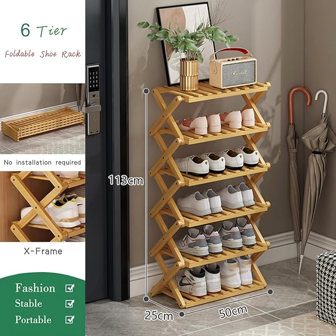 6 Tier Bamboo Shoe Rack,Portable Folding Shoe Storage Rack,Without Installation Small Shoe Rack Perfect for Corridors, Bedrooms and Small Spaces (6 Tier)-NeatNest