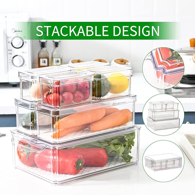 7-Piece Stackable Fridge Organizer Set - Clear Containers with Lids, Perfect for Organizing Vegetables, Fruits, Food, and Drinks