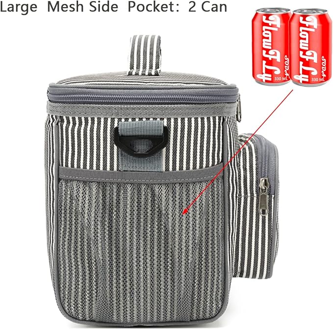 FlowFly Insulated Reusable Lunch Bag Adult Large Lunch Box for Women and Men with Adjustable Shoulder Strap,Front Zipper Pocket and Dual Large Mesh Side Pockets,Stripes-NeatNest