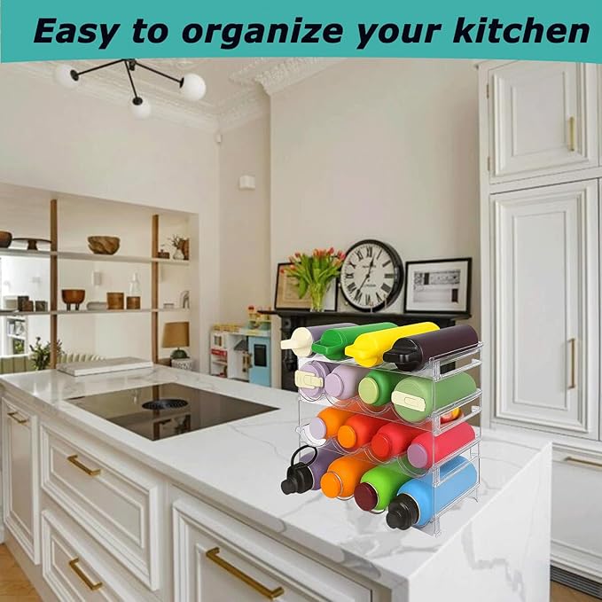 INKLET 4-Pack Clear Stackable Water Bottle Organizer Rack – 4 Tier Large Compartment Storage for Stanley, Cup Organizer Tumblers – Kitchen Cabinet & Pantry Organizer – Holds 16 Bottles-NeatNest