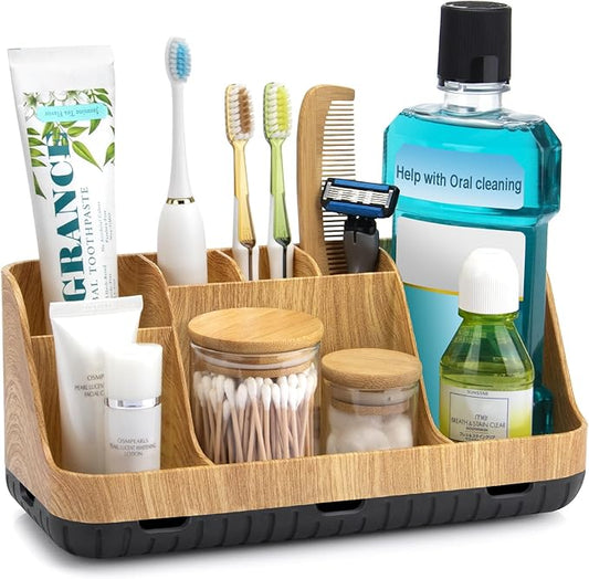 Bathroom Organizers and Storage - Detachable 7 Slots Kids Electric Toothbrush and Toothpaste Holde Drainage for Bathroom Accessories Organization Counter Vanity Storage, Wood-NeatNest