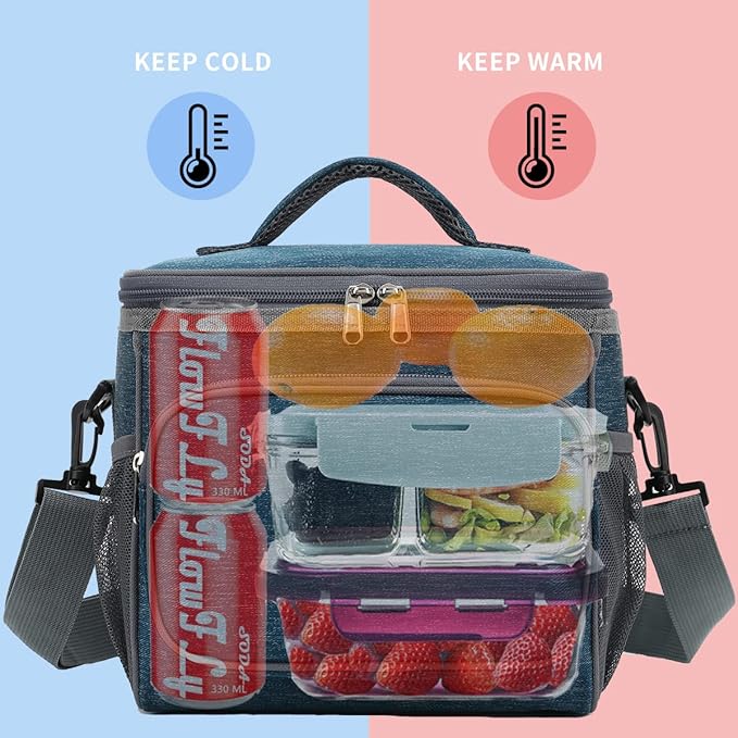 FlowFly Insulated Reusable Lunch Bag Adult Large Lunch Box for Women and Men with Adjustable Shoulder Strap,Front Zipper Pocket and Dual Large Mesh Side Pockets,Royal-NeatNest
