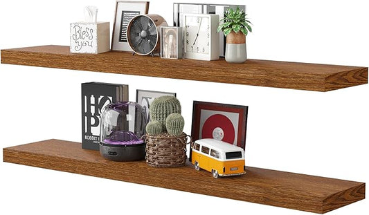 BAMEOS Floating Shelves, American Oak Wall Mounted Wooden Shelves with Invisible Brackets Set of 2, Hanging Wall Shelves Decoration for Bedroom, Bathroom, Living Room and Kitchen-NeatNest