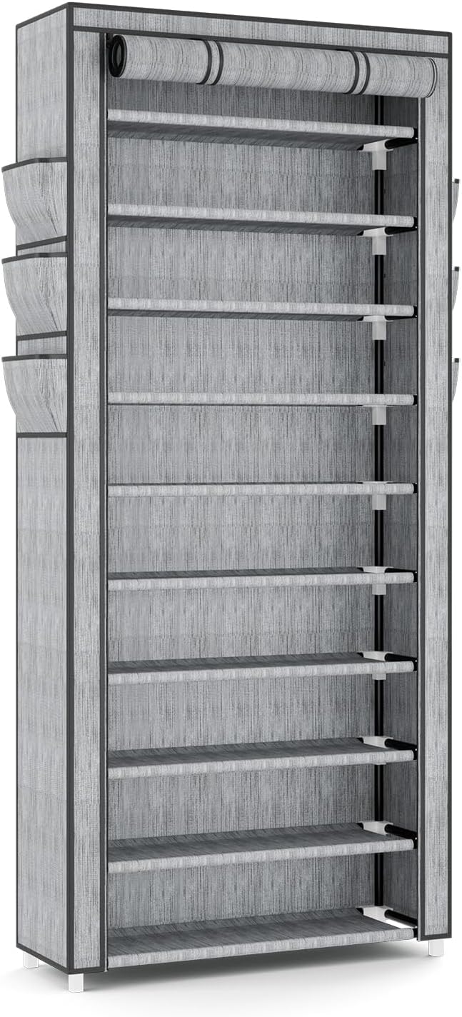 VTRIN Vertical Narrow Shoe Rack Organizer Tall Shoe Rack for Closet Entryway 10 Tier Non-Woven Cover Shoe Shelf Holds 36-41 Pairs Free Standing Shoe Storage Cabinet with Dustproof Cover, Multi Color-NeatNest