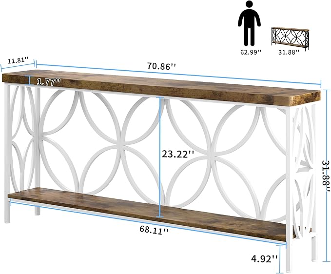 karlott 70.9 inch Extra Long Console Table, Industrial Sofa Table Behind Couch with 2 Tier Storage Shelf, Narrow Long Entryway Table for Living Room, Foyer, Hallway, Office, White-NeatNest