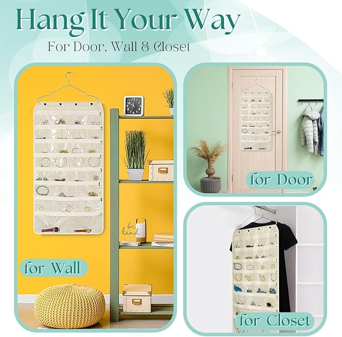 Flexzion Hanging Jewelry Organizer with Zippered Pockets - (1 Pack) Beige Closet Jewelry Organizer Storage with Hanger, 56 Pockets Dual Sided Earring Organizer Hanging for Bracelet, Watches, Ring-NeatNest