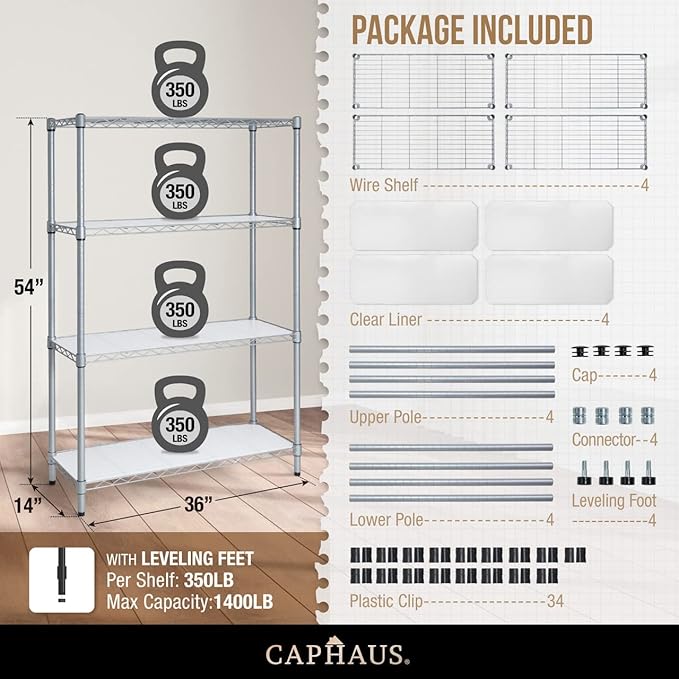 CAPHAUS NSF Adjustable Shelves Metal Wire Shelving Unit w/Liners, Kitchen Storage Shelving, Metal Steel Storage Shelving, Garage Shelving Storage Organizer, Utility Shelf, 4-Tier No Wheels, Silver-NeatNest
