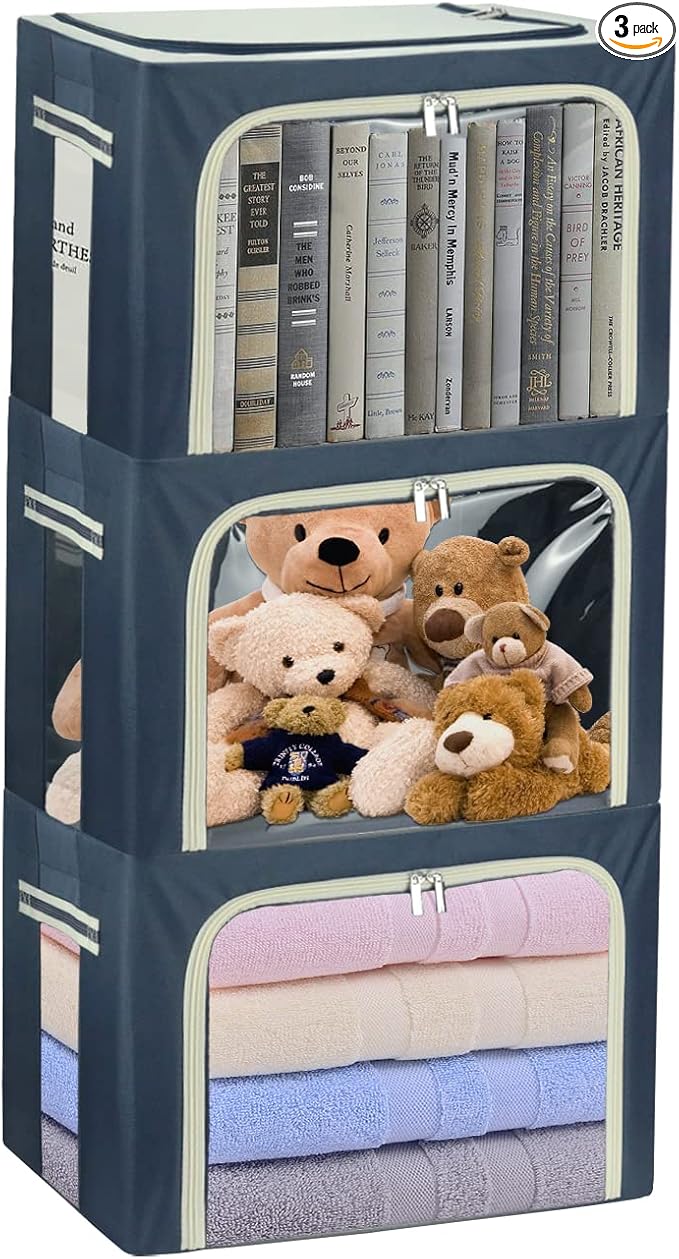 Clothes Storage Box Bins Stackable Foldable Organizer,Sturdy Handles with Metal Frame for Clothing Bedding Shelves,Closet Container with Clear Window Zipper and Label Holder (Navy, 40L x3 Pack)-NeatNest