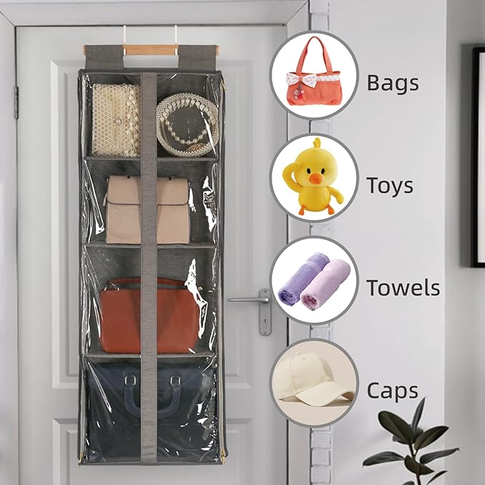 Clear Hanging Handbag Storage Organizer with Zippers, Door Purse Organizer Space Saving 4 Pockets for Closet Bedroom Living Room (Brown)-NeatNest