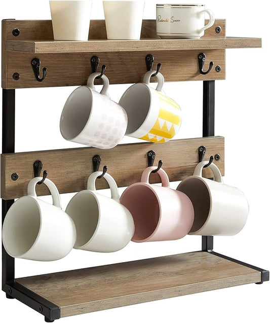 IBUYKE Rustic Coffee Mug Holder Stand, 2 Tier Countertop Mug Tree Holder Rack with Storage Base, Vintage Mug Holders for Kitchen, Holds 8 Mugs, Beige UTBJ002Y-NeatNest