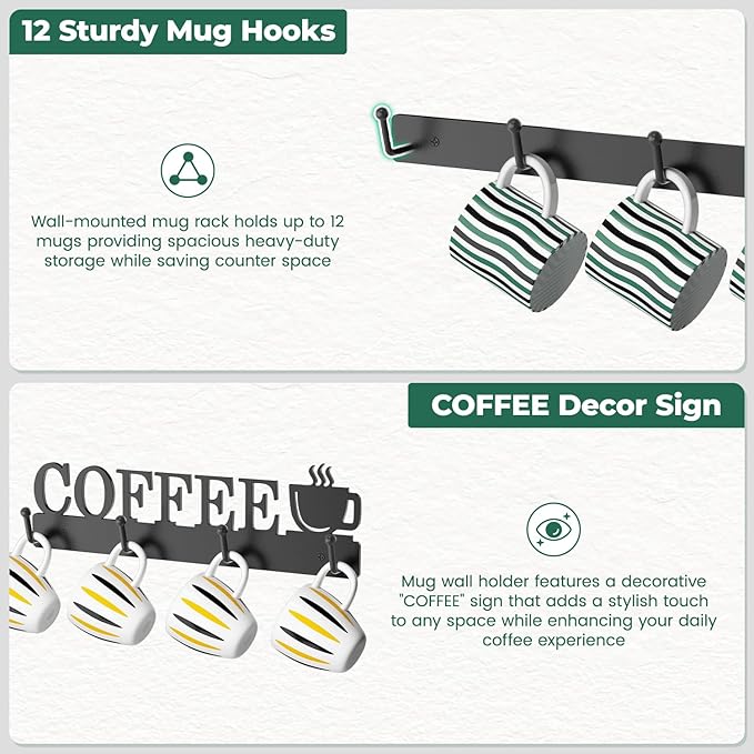 EsLuker.ly Mug Holder Rack Coffee Cup Hanger Wall Mount, Metal Wall Cup Shelf Organizer Stand with 12 Hooks, Fits Most Mugs Display for Home Kitchen, Space-Saving Coffee Bar Enhancer, Set of 3, Black-NeatNest