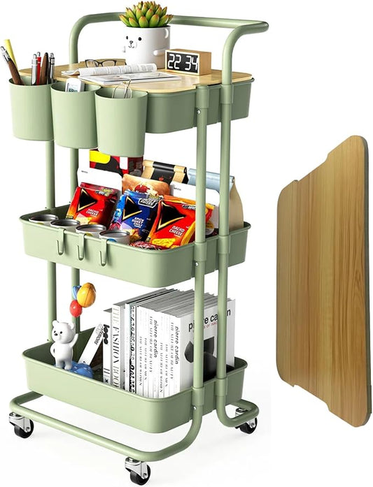3 Tier Rolling Cart with Metal Handle, Table Top, Hanging Cups, Hooks, Plastic Storage Baskets& Wheels Lockable, Utility Cart for Bathroom Classroom Office Kitchen Pantry Organizers and Storage, Green-NeatNest