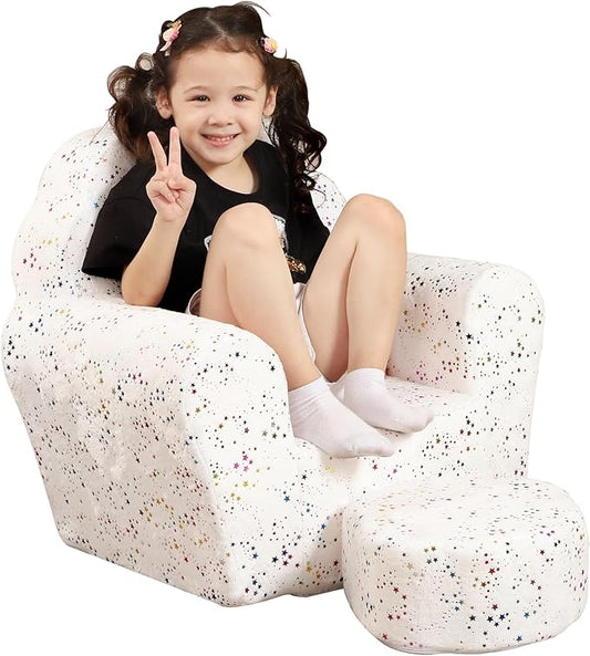 Kids Sofa with Ottoman, Shell-Like Sofa for Boys and Girls, White with Shinny-NeatNest