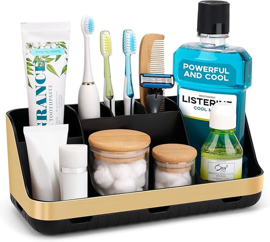 Gold Toothbrush Holders for Bathrooms Countertop Organizer - Detachable 7 Slots Electric Toothbrush and Toothpaste Holder, Kids Organization and Storage, Restroom Accessories Vanity Stuff-NeatNest