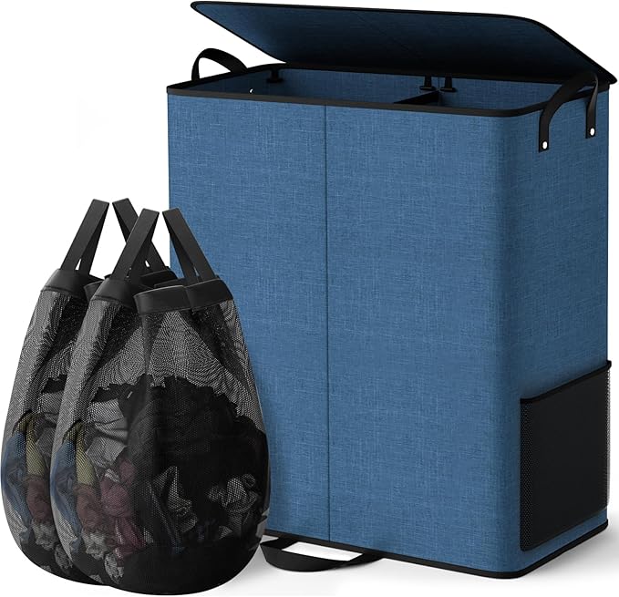 Large Double Laundry Hamper with Lid, Removable Bags & Reinforced Handles, 2 Section Tall Laundry Basket, Dirty Clothes Hampers for Laundry Room, Bedroom, Bathroom, Dorm, 155L, Blue-NeatNest