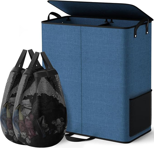 Large Double Laundry Hamper with Lid, Removable Bags & Reinforced Handles, 2 Section Tall Laundry Basket, Dirty Clothes Hampers for Laundry Room, Bedroom, Bathroom, Dorm, 155L, Blue-NeatNest