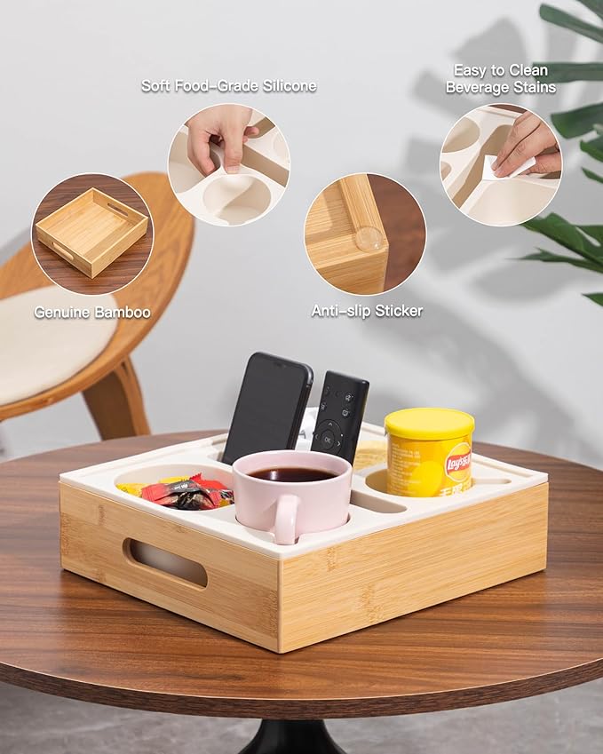 Couch Cup Holder with Lid, Silicone Bed Caddy with Cup Holder, Bed Organizer for Drinks, Snacks, Remotes, Bamboo Couch Caddy for Sofa, Bed and Car(Beige)-NeatNest