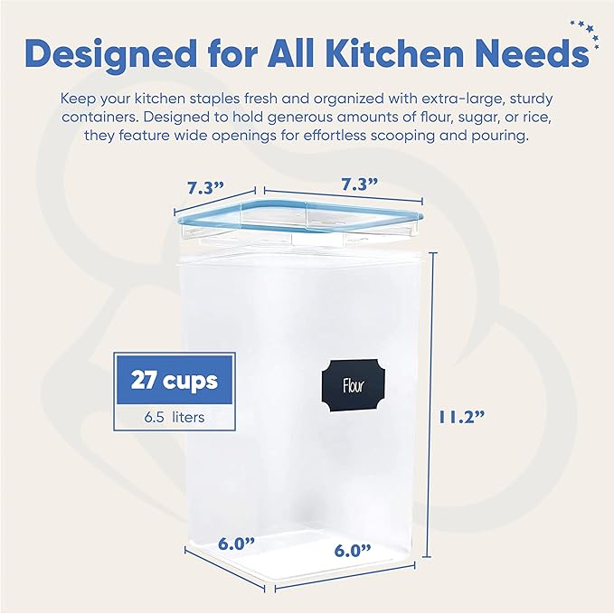 Chef's Path Extra Large Airtight Flour and Sugar Storage Containers with Lids, Set of 2, 6.5L Pantry Canisters for Bulk Flour and Sugar Storage - Transparent-NeatNest