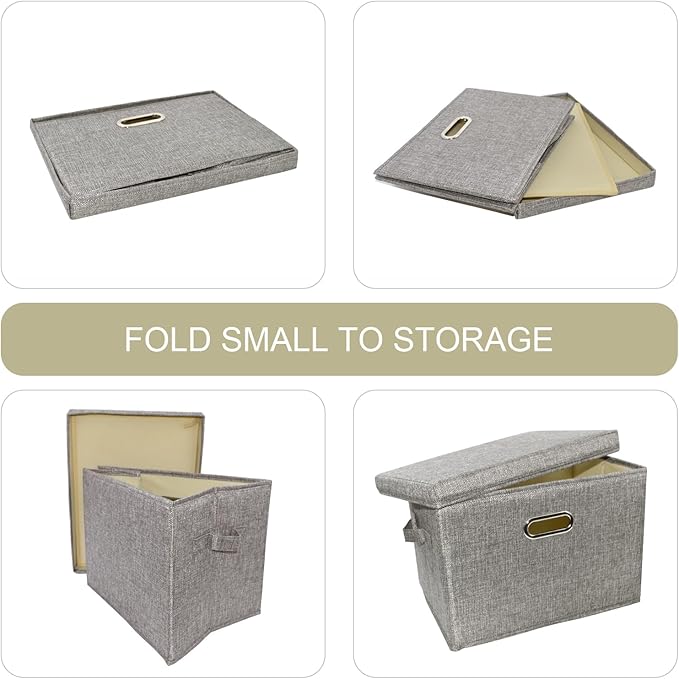 3 Pack Large Linen Collapsible Closet Organizers and Storage Bins with Removable Lids Storage Boxes for Organizing Clothing,Sheets,Toys,Shelves Basket Cube Storage Bin with Handles-NeatNest