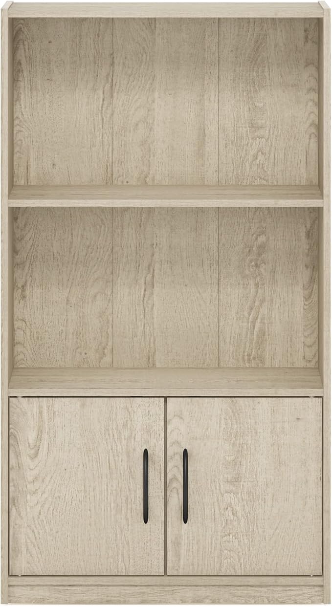 Furinno Gruen 3-Tier Open Shelf Bookcase with 2 Doors Storage Cabinet, Metropolitan Pine