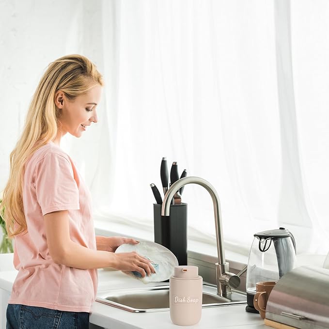 BosilunLife Foaming Soap Dispenser Set - Khaki Ceramic Foam Hand Dispenser 12oz Soap Dispenser Set with Rust Proof Pump, 4Pcs Clear Stickers for Kitchen, Bathroom - 2 Pack-NeatNest