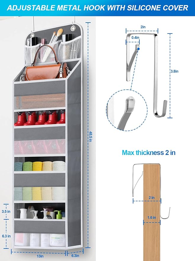 2 Pack Over The Door Organizer, Hanging Storage Organization with Large Capacity Pockets, Swing-Proof Behind Door Storage Shelf for Kicthen Bedroom Nursery Kids Toys Shoes, Grey