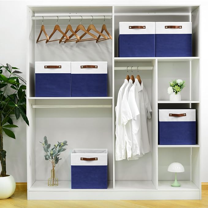 6-Pack Collapsible Fabric Storage Cubes with Handles & Label Holders, Closet Cube Home Organizer Bins (White/Navy Blue, 13 x 13 x 13 inch)