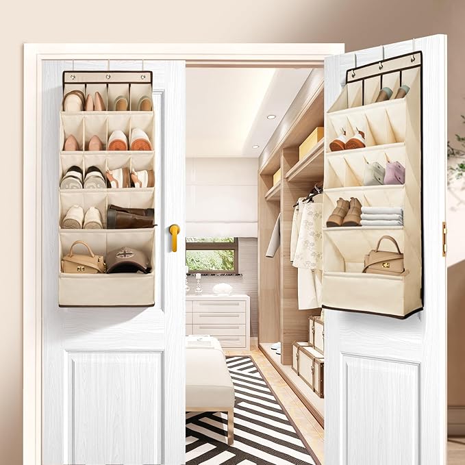 FENTEC 1 Pack Over the Door Shoe Organizers, Hanging Shoe Organizer with Large Deep Pocket Shoe Holder for Closet Shoe Rack for Wall, Over Door Shoe Storage Hold up to 18 Pairs Shoe, Beige-NeatNest
