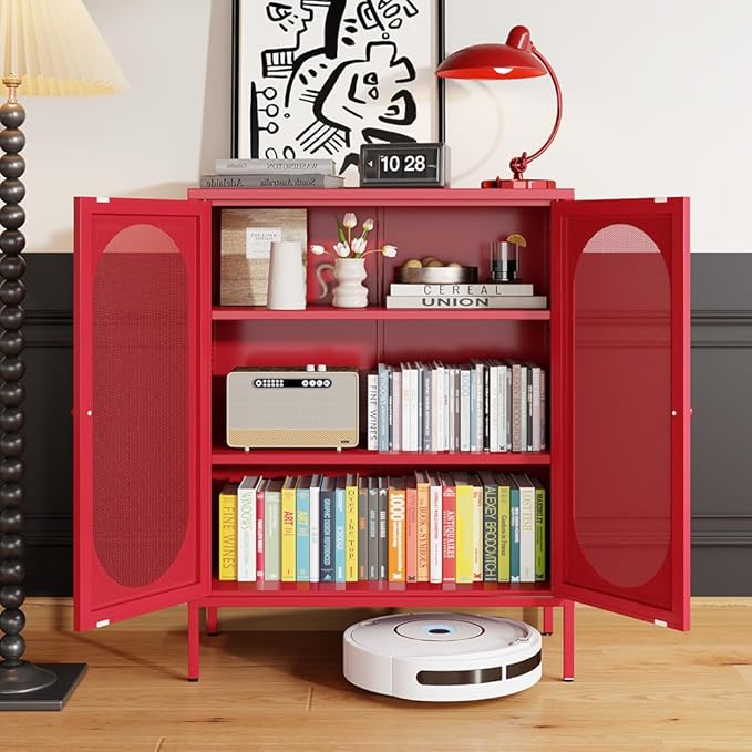 2 Doors Locker Metal Storage Cabinet, Storage Cabinet with Legs, Buffet Cabinet with Adjustable Shelves for Home, Office, Entryway and Hallway(Mesh Door Cabinet, Red)