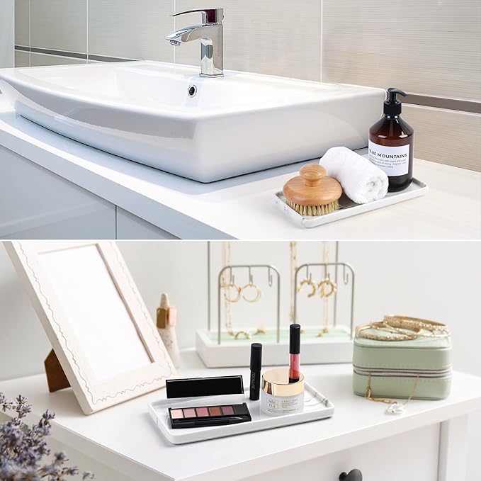Gurygo 10" Bathroom Tray for Counter, Ceramic Vanity Trays for Bathroom, Small Rectangle Ceramic Trays, Kitchen Soap Ceramic Tray for Kitchen Counter, (Marble White, Set/1)-NeatNest
