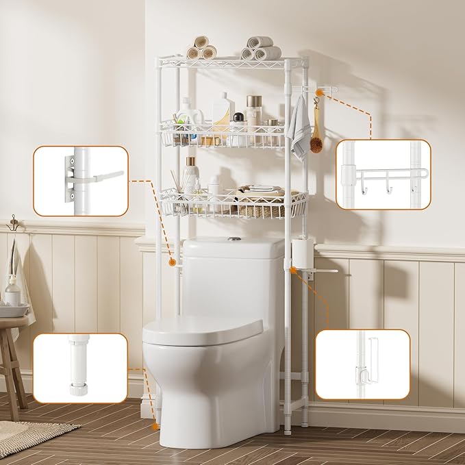 3-Tier Over-The-Toilet Storage Shelf,Heavy-Duty Adjustable Bathroom Rack with 2 Mesh Baskets,Toilet Paper Holder & Hooks,Space-Saving Organizer for Bathroom,10”D x 24”W x 66”H,White