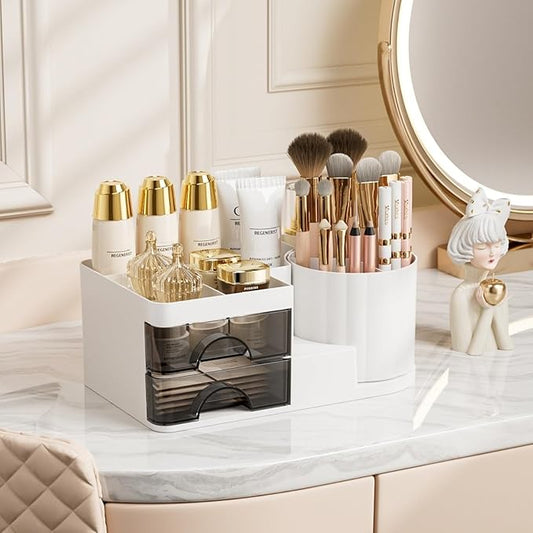 Makeup Organizer for Vanity with 2 Drawers,Countertop Rotating Makeup Brush Holder,Bathroom Organizer Holder,Cosmetic Display Case for Lipstick,Beauty,Skincare Organizer (White)-NeatNest