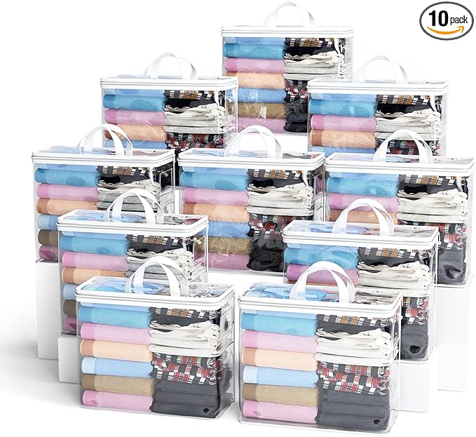 10PACK Clear Zippered Storage Bags for Clothes, 22L Closet Organizers Bag, and Blanket Storage Bags for Bedding, Linen, Blankets, Comforters, Clothing & Toys (White)-NeatNest