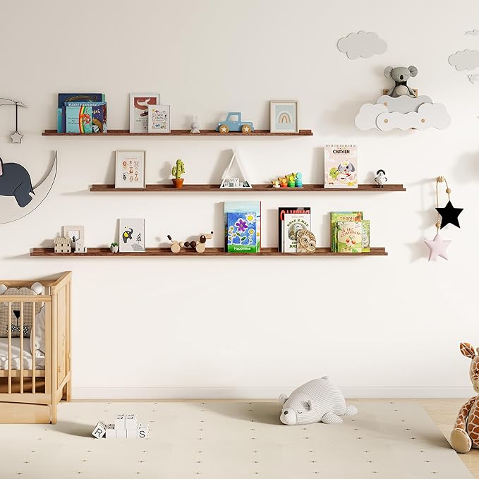 Floating Picture Ledge Shelves for Wall Set of 2, 72 Inches Picture Ledge Shelf with Long Large Nursery Book Shelf for Toys Storage Kids Bookshelf Wall Mounted Living Room Bedroom Decor Frames, Walnut-NeatNest